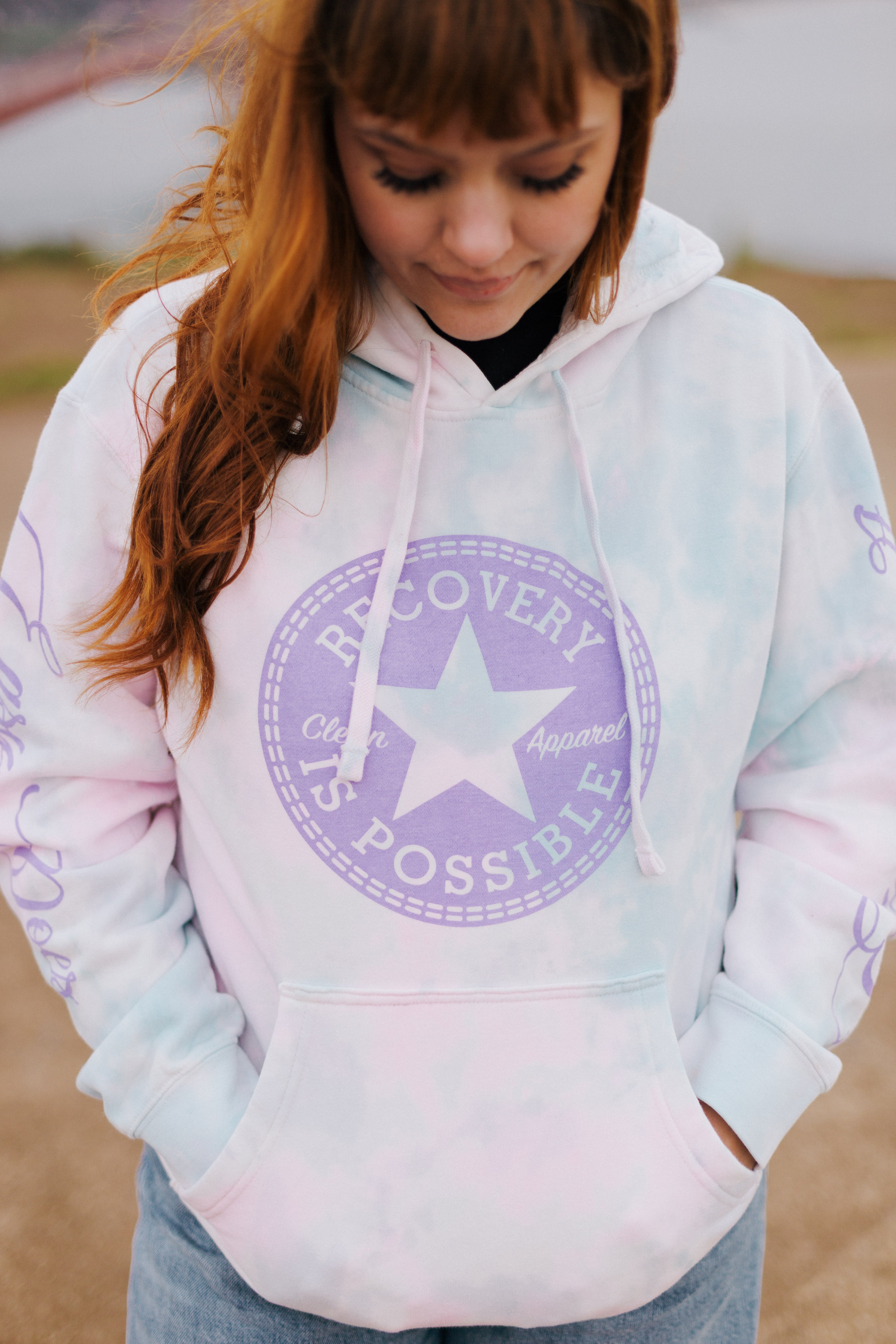 Recovery Is Possible / Pull Over Hoodie / Pastel Pink/ Blue Tie Dye