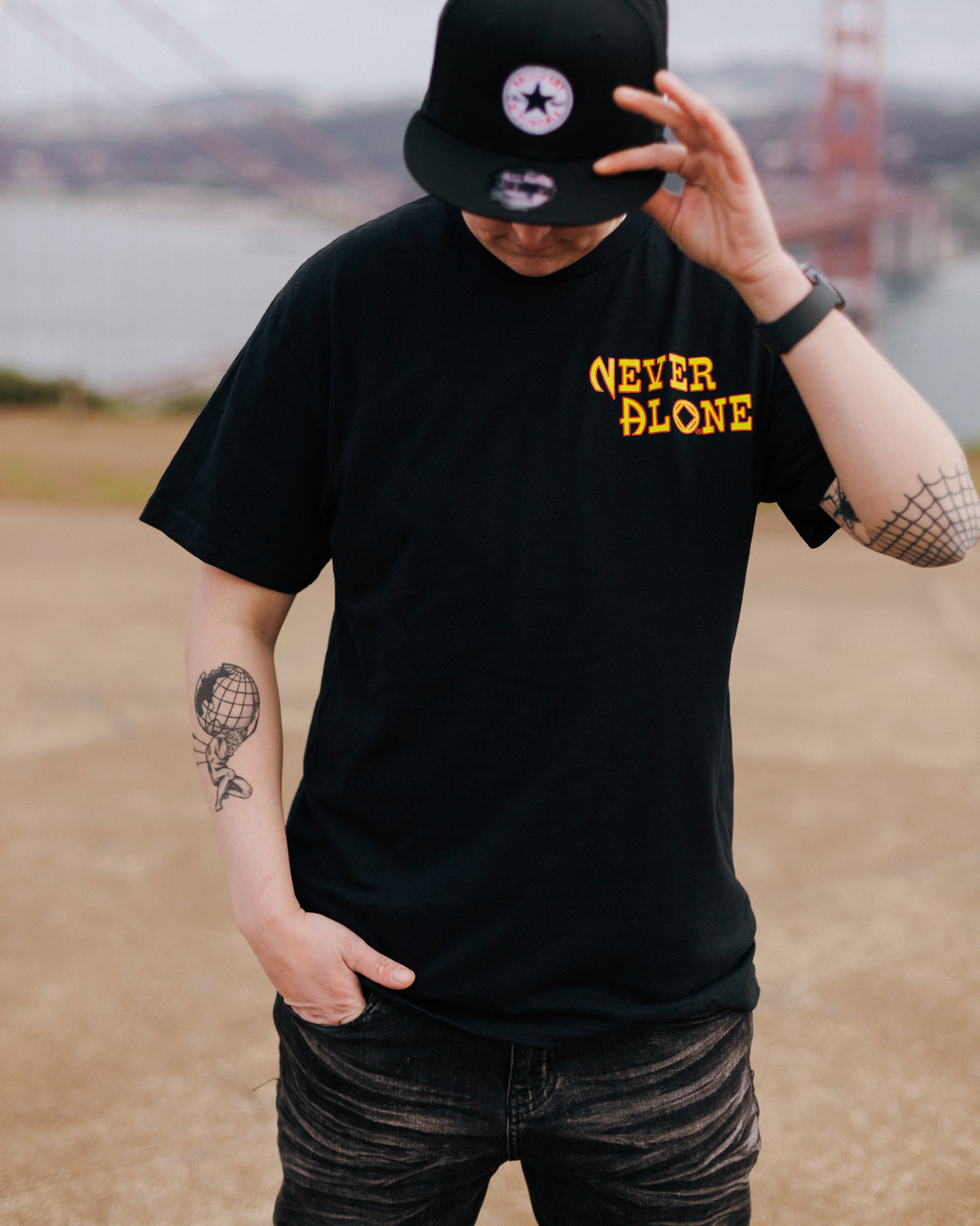 Never Alone/ Unisex Crewneck T Shirt / Black
